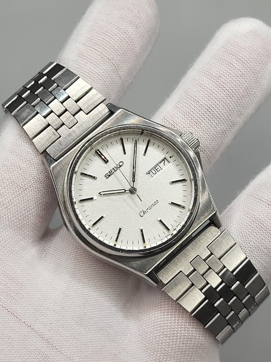 Vintage N/Batt [Exc] 1980s Seiko Chronos 5H23-7060 Day Date Silver