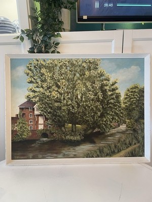 Vintage Impressionist Flussblick Ölgemälde 70er Jahre Bäume signiert große Mälzereien