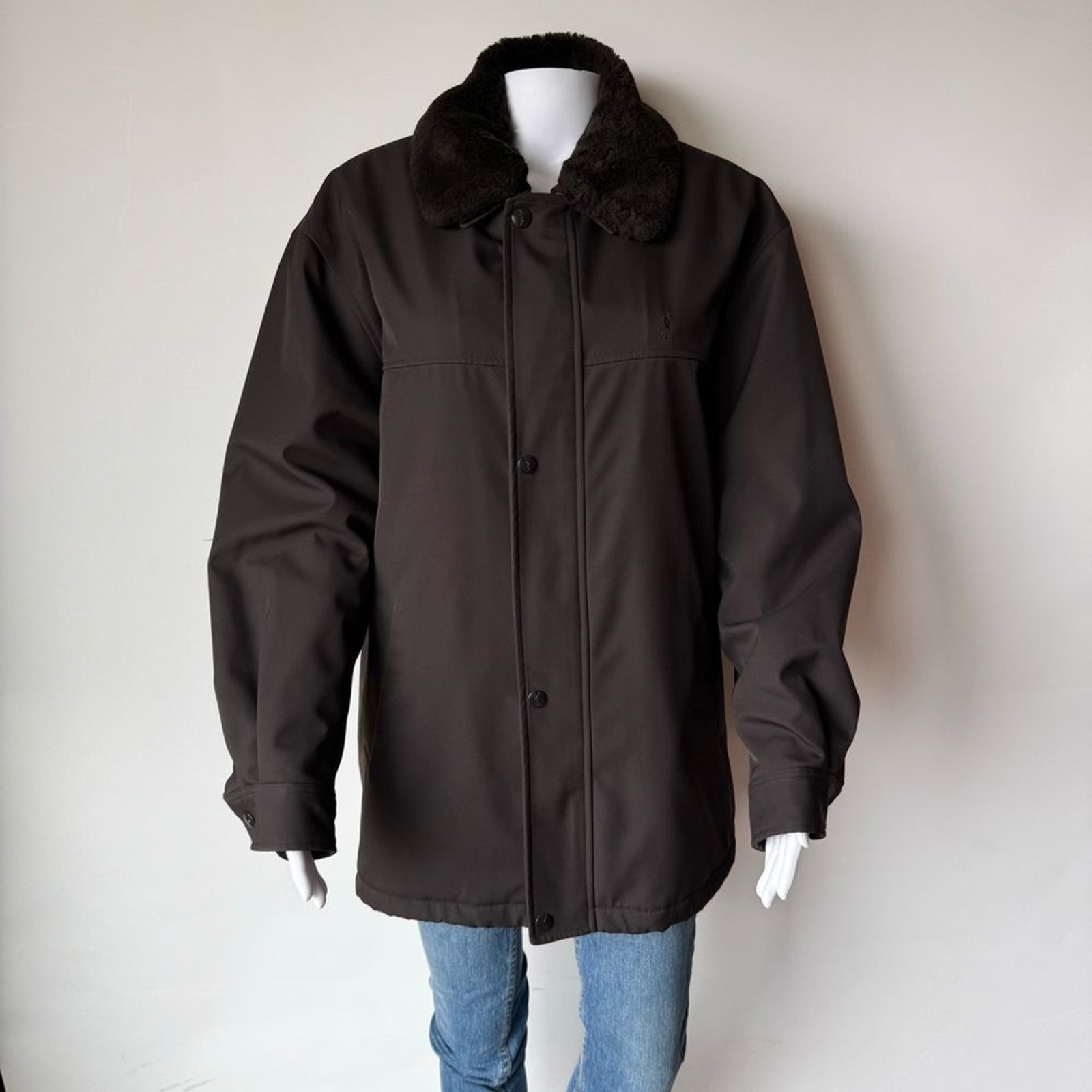 YVES SAINT LAURENT YSL Logo FUR TRIMMED SATIN COAT Parka Jacket image 3