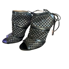 Aquazzura Sexy Cutout Studded Booties Black Leather Open Toe Tie Back Heels 40.5