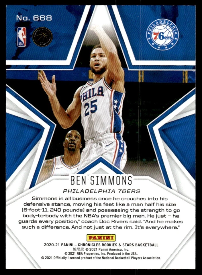 2020-21 Panini Rookies & Stars Basketball Card Ben Simmons Philadelphia 76ers - Image 2 of 2