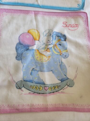 4 Vintage Days Of The Week Childs Handkerchiefs Holly Hobbie Lamb Rocking Horse - Bild 5 von 5