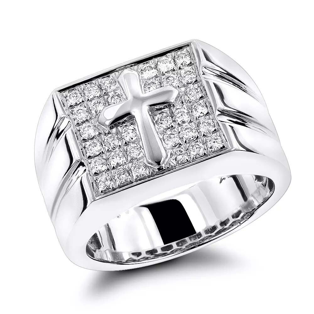 1 Ctw D/FL Brilliant Moissanite 14K White Gold Mens Cross Square Band Ring