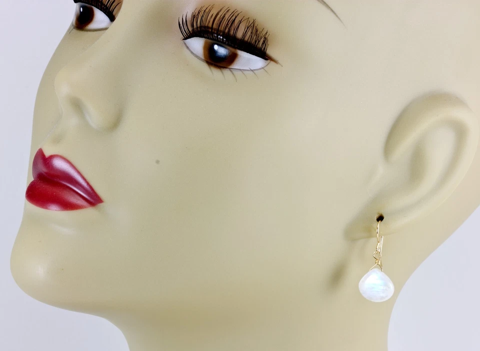 Pendientes de piedra lunar arco iris lágrimas blancas lisas gota de oro amarillo de 14 k Foto 4 de 4