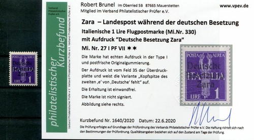 Zara 27I Pfvii Abart MNH Unstamped + Gepr. Finding (H8498
