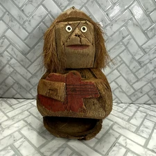 Vintage Hand-Carved Guitar Player Coconut Monkey Sculpture Tiki Bar Pool Decor