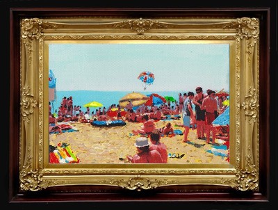 Ölgemälde Handarbeit Arseni ~ ÜBERFÜLLTER STRAND 6'' X 4'' OHNE RAHMEN USA 