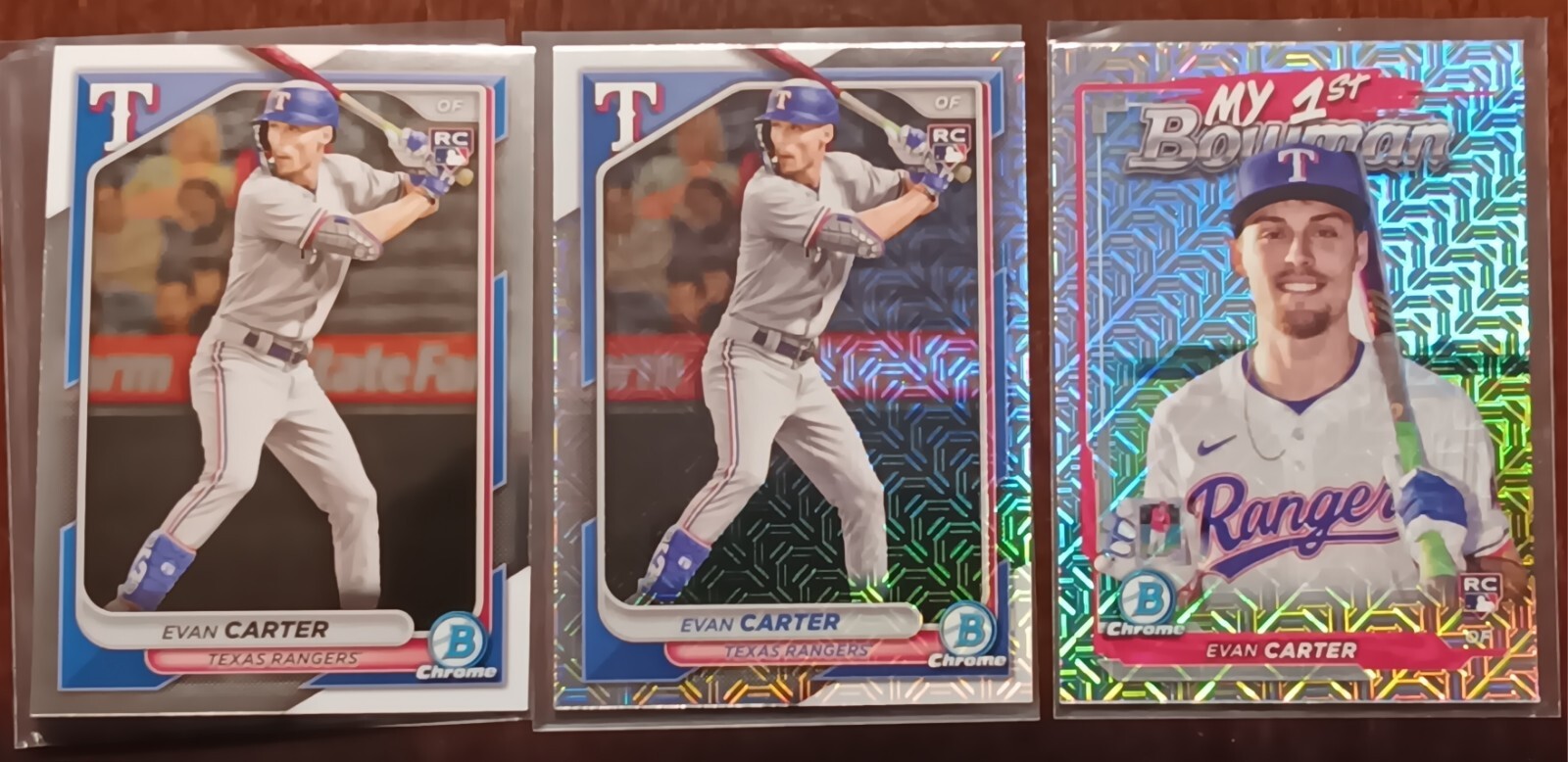 Evan Carter 2024 Bowman Chrome RC Mojo My 1st Bowman + Mega Mojo & Base Rangers