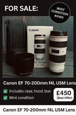 Canon EF 70 200mm f/4L USM Teleobjektiv   Originalverpackt, neuwertig, Etui + Haube   UK-Verkäufer