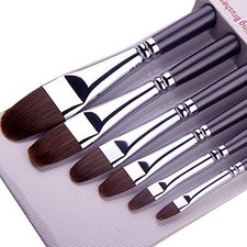 6 PC Red Sable Filbert Paint Brush Set Oval Long Handle for Watercolor Acrylic