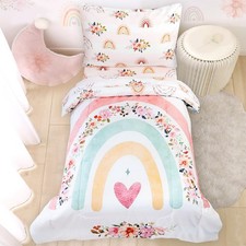 Bedding Sets for Girls, Rainbow Crib Bedding Set 4 Piece Pink Floral Comforte...