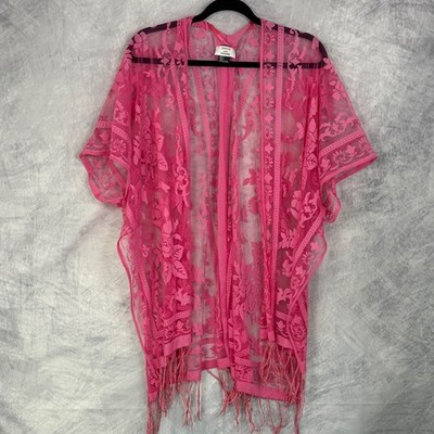DAVID and YOUNG Pink Burn out Kimono Cardigan Fringe Sheer Festival fairy grunge