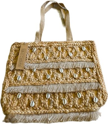 NWT Salt + Umber Isla Jute Seashell Tote Bag Fringe Boho Beach Straw Summer
