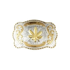 Western Belt Buckle Gold Marijuana Leaf Silver Engraved Large 1 1/2". Style 1.