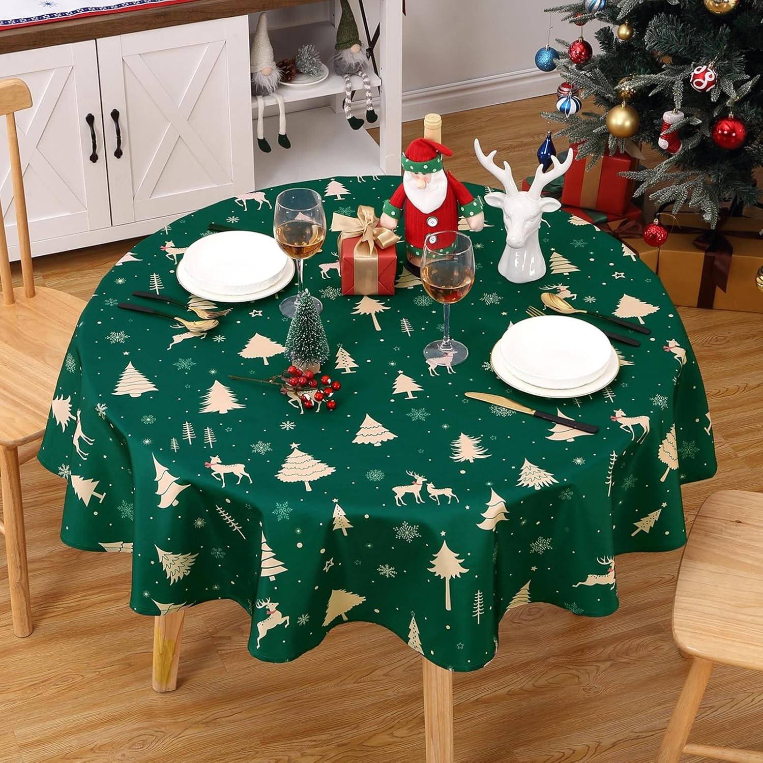 Nappe de Noël verte 152x152 cm carrée en tissu étanche pour table de fête