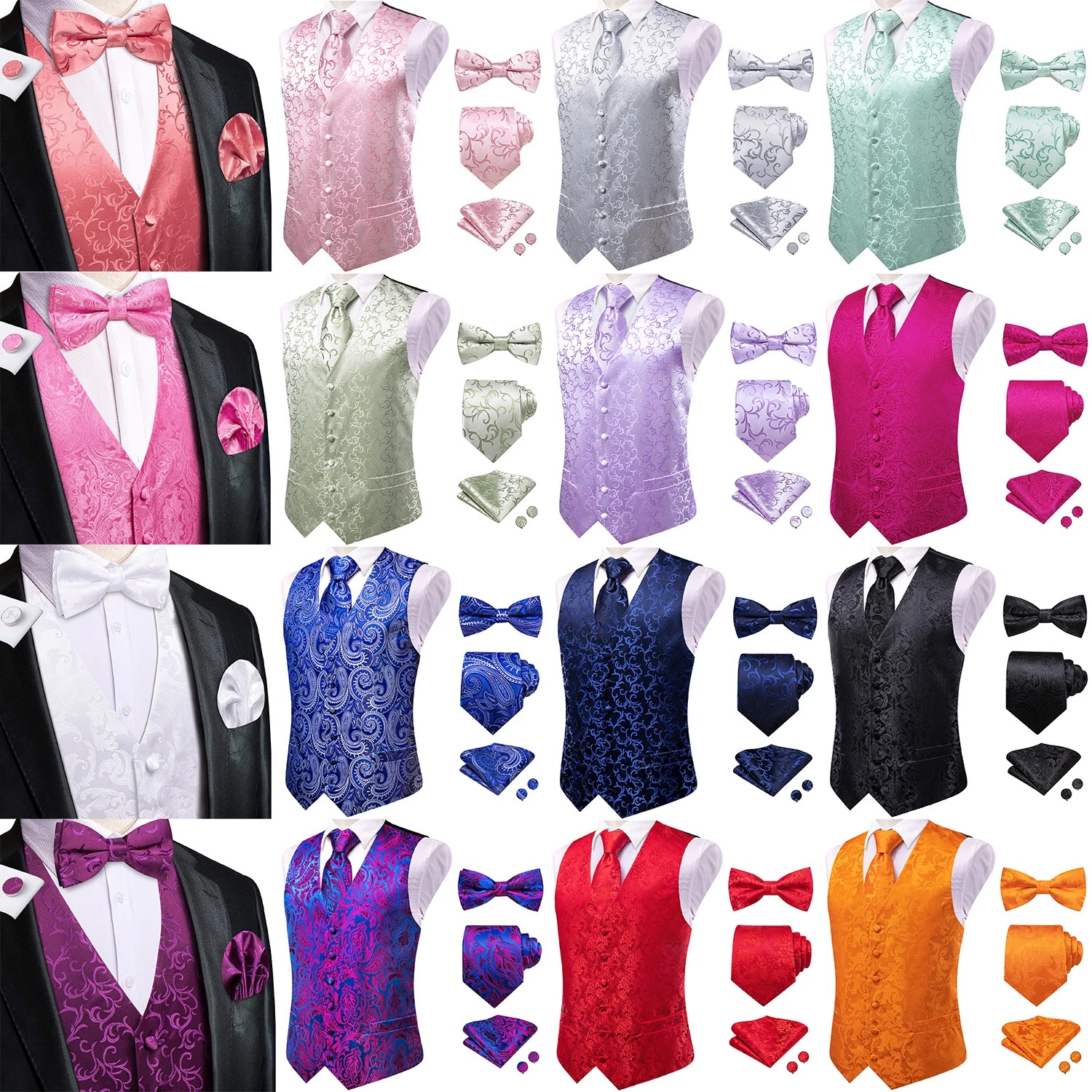 5pcs Mens Vest Tie and Bowtie Hankie Cufflinks Set Paisley Flroal Waistcoat Prom