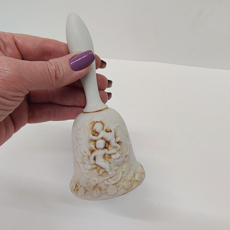 Lefton Bell Bisque Porcelain Clacker Cherub Relief Matte Angel Scroll 5" Vintage