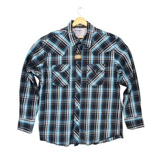 Wrangler Western Shirt Mens XL Blue Excellent Advanced Comfort Plaid Pearl Snap