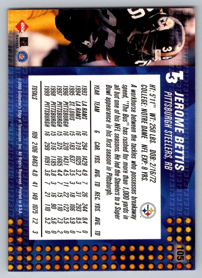 2000 Collector's Edge T3 - Jerome Bettis #105 - Image 2 of 2