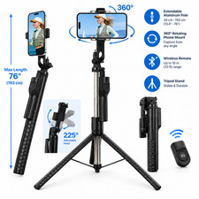 76" Cell Phone Selfie Stick Tripod Wireless Remote Extendable For iPhone Android