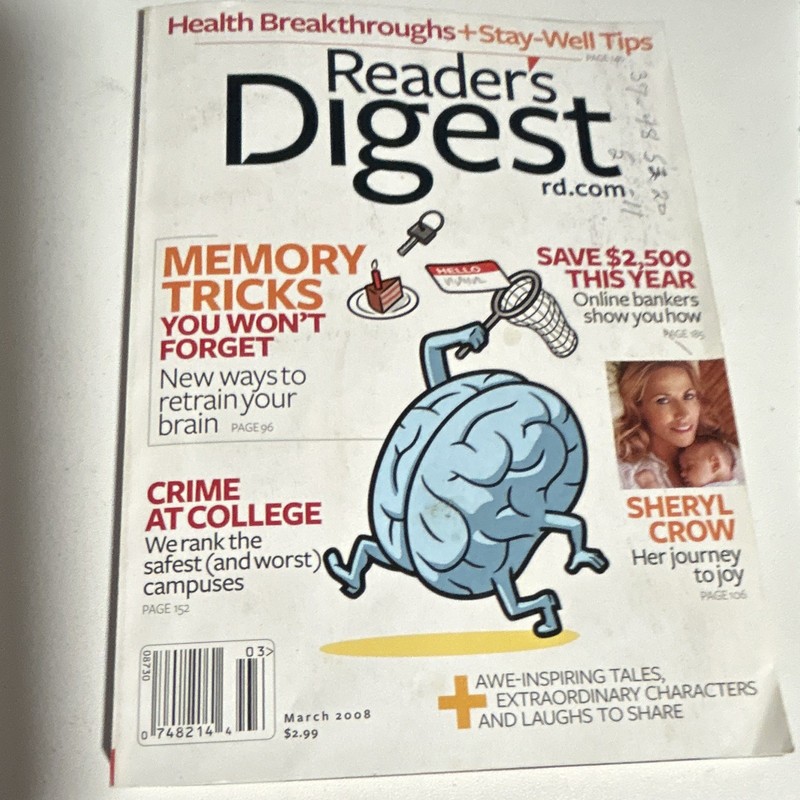 Reader's Digest March 2008: Memory Tricks, Heart Breakthroughs, Sheryl Crow etc