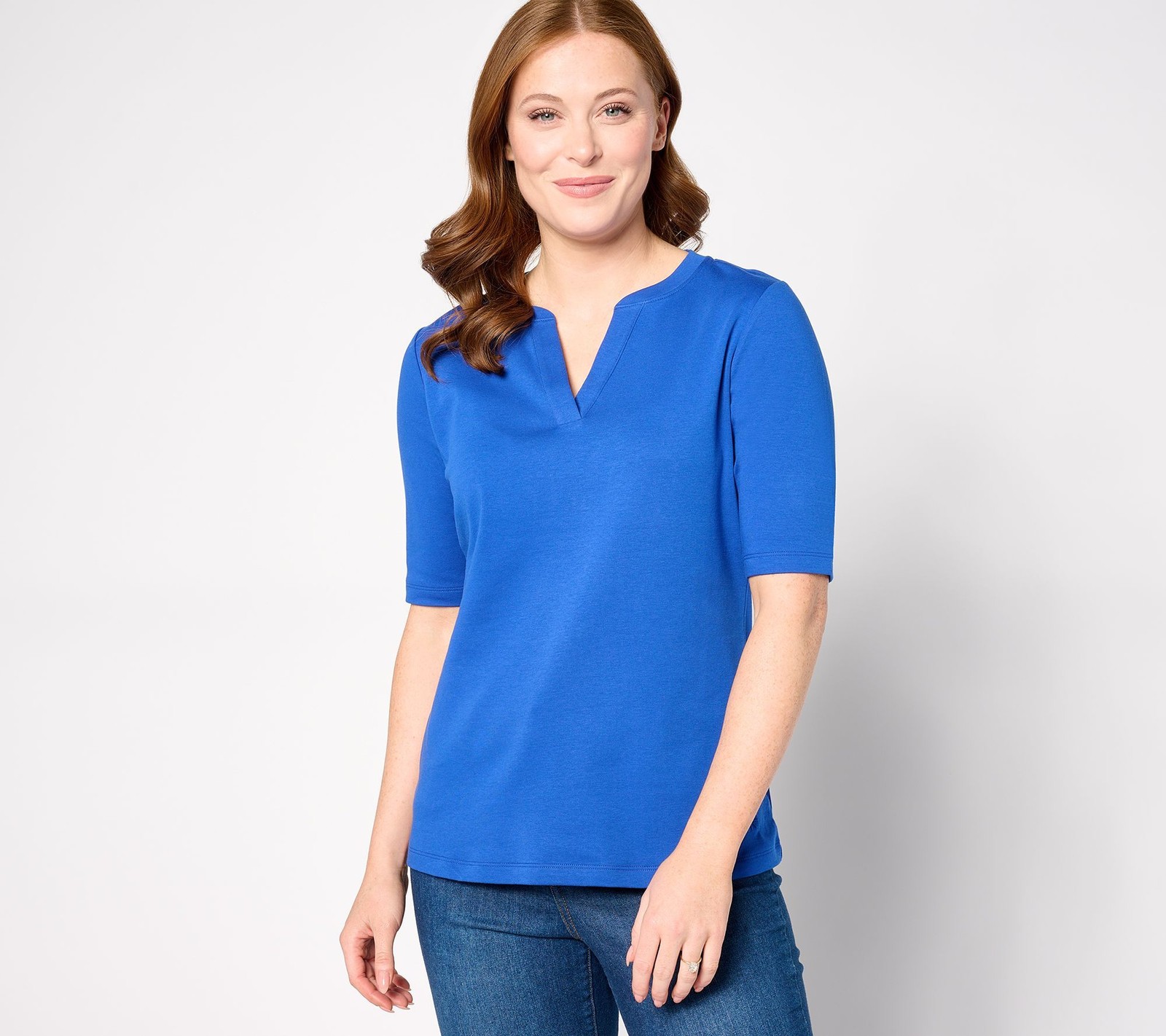 Isaac Mizrahi Live! Women's Top Sz XS Essentials Pima Cotton Split Blue A487134