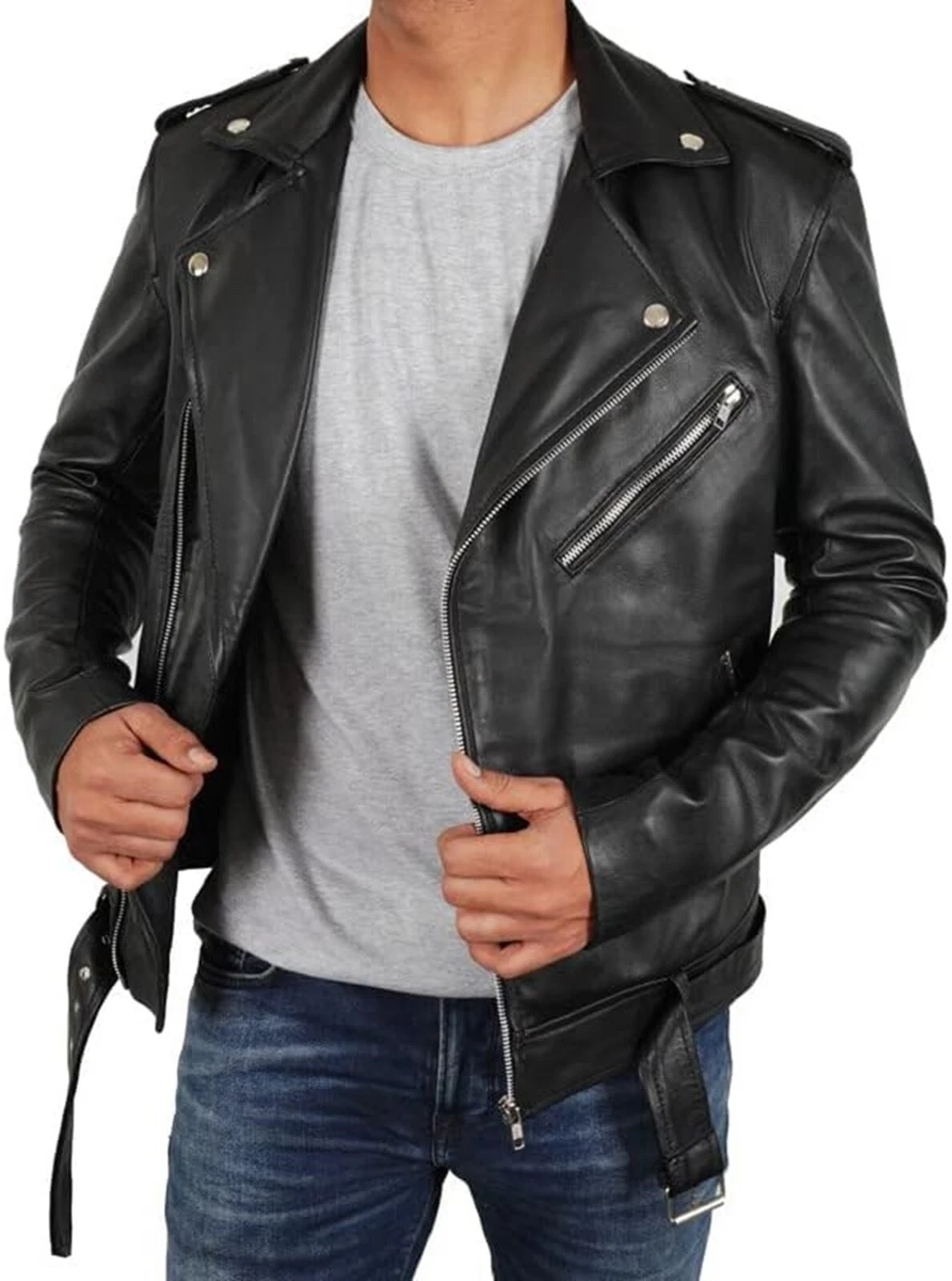 Jacket Leather Racer Biker Cafe Men's Lambskin Style Genuine Black Men Jacket's