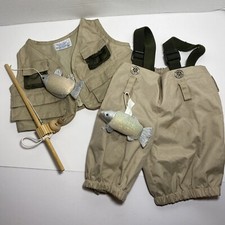 Build A Bear Fishing Outfit Fisherman Vest, Pant and Suspenders Pole And Fish B5
