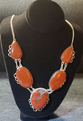 Vtg: Natural Red/orange Gemstone Artisian  Hand Made Exclusive Fashion Necklace 