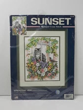 SUNSET DIMENSIONS Cat Springtime View Stamped Cross Stitch #13133 (2003)