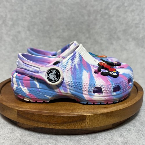 Crocs Kids Size 8 C8 Purple Tie Dye Clogs w/Ariel Mermaid Mickey Ears Jibbitz