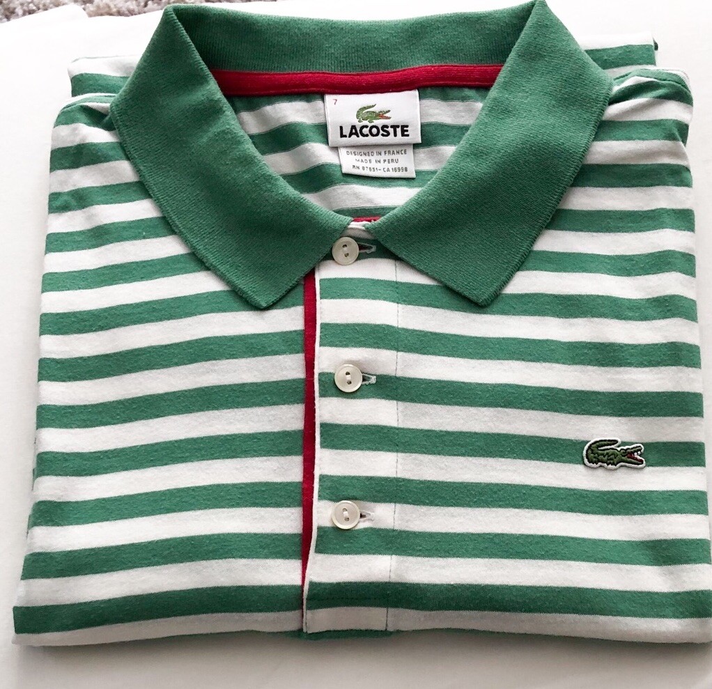 Classic LACOSTE Green/White stripe golf Resort jersey knit polo