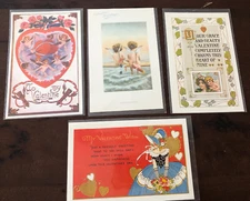 Vintage Valentines Postcards Set Of 4 In Plastic Sleeves Reproductions