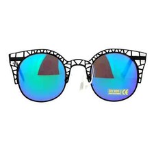 Women's Lattice Metal Top Round Cat Eye Sunglasses UV400 Black, Teal Mirror