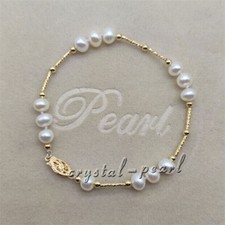 Beautiful 7.5"-8" AAA 6-7mm South Sea Genuine White Pearl Bracelet 14k Clasp