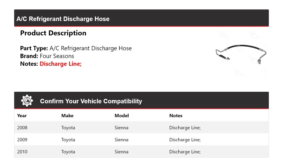 Manguera de descarga de refrigerante aire acondicionado Toyota Sienna 2008-2010 4 estaciones 2009 Foto 2 de 4