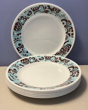 Corelle Vitrelle Dancing Carousel Lunch Salad Plates Lot of 6 Brown Blue 8.5”