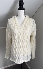 Women s Size Medium Cream Pullover Cable Knit V-neck Hoodie Sweater EUC