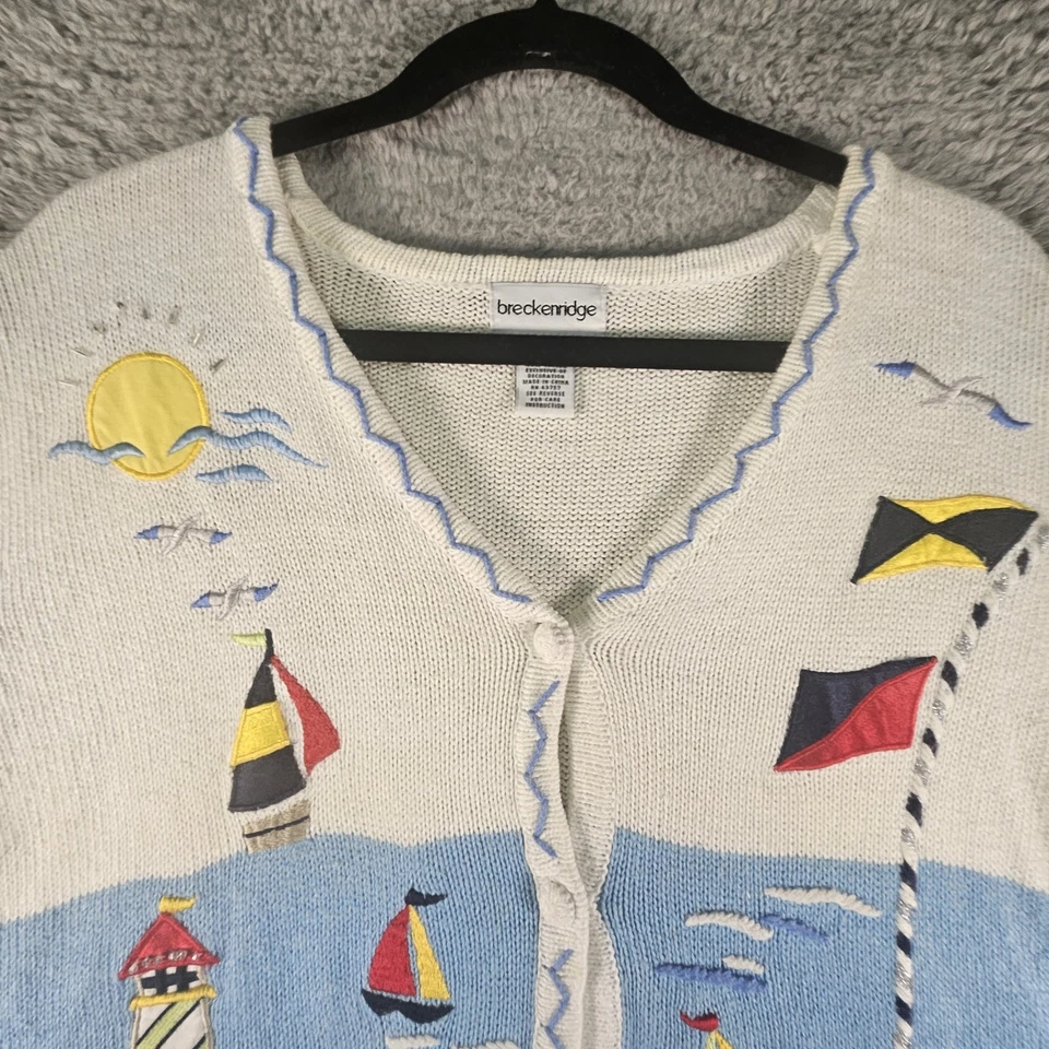 Vtg Breckenridge Sweater L AOP Sail Boat Nautical Lighthouse SS Cardigan Coastal - Image 2 of 4