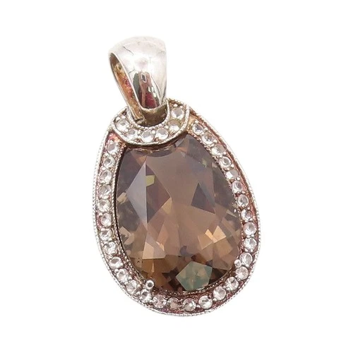 925 Sterling Silver Vintage Pendant Oval Shape Smoky Quartz Halo Topaz  PT24151