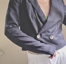 NWT 310 Jason Wu linen crop double breasted jacket, Blazer XS, 18  Pit To pit
