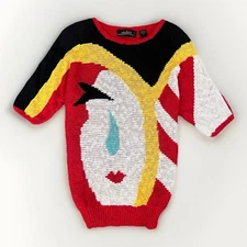 Malain Rare VTG 90s Abstract Face Sweater Colorful Retro Pop Art Festival Style