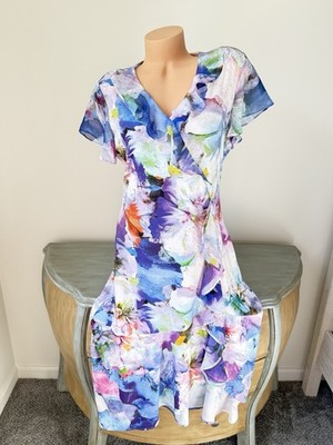 Kate&Mallory Dress Flutter V Midi Floral Ruffle Romantic Soft L 12 Bloomcore