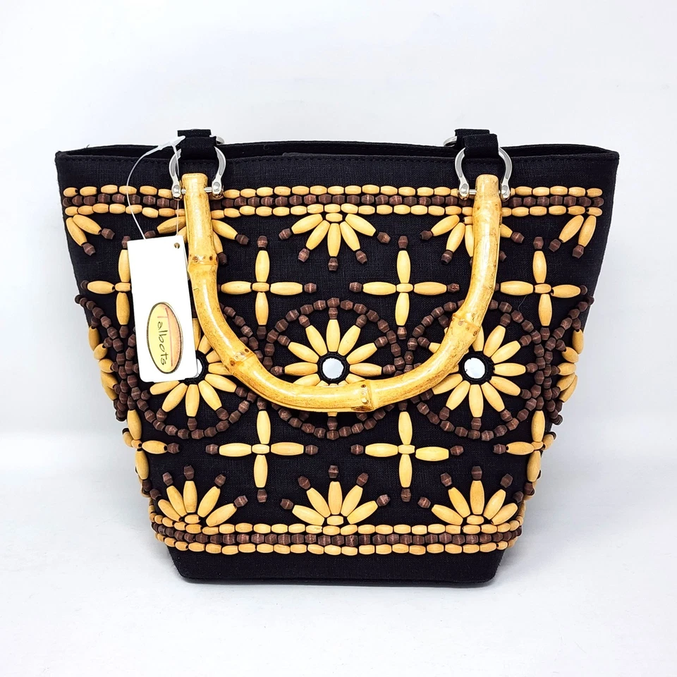 BOLSO DE MANO TALBOTS Negro Lino MADERA CUENTAS Patrón Floral con ASAS DE BAMBÚ Nuevo Foto 3 de 4