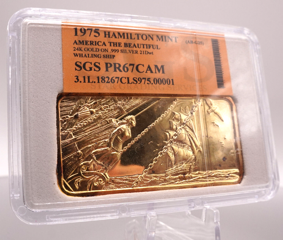 1975 Whaling Ship 24k Gold EP Hamilton Mint 1oz 999 FINE Silver
