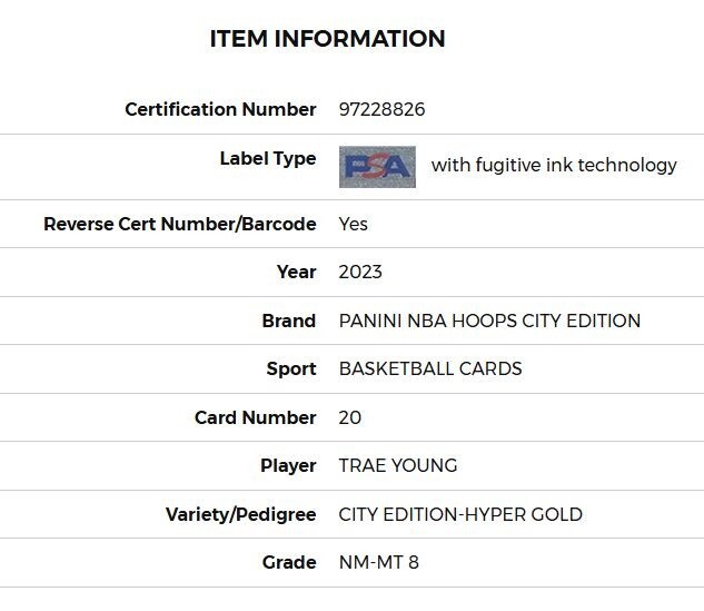 2023-24 NBA Hoops- Trae Young- City Edition #20 Hyper Gold /10 PSA8 view 4