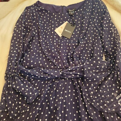 DKNY Womens Navy Blue & White Polka Dot Dress Ruffle Sleeves sophisticated  | eBay