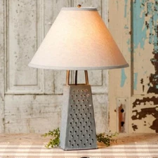 Cheese Grater Lamp with Ivory Linen Shade in Weathered Tin Finish by Irvins 