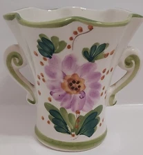 Handpainted Folk Art Vase Purple Floral Design Made in Portugal for FTD Floral
