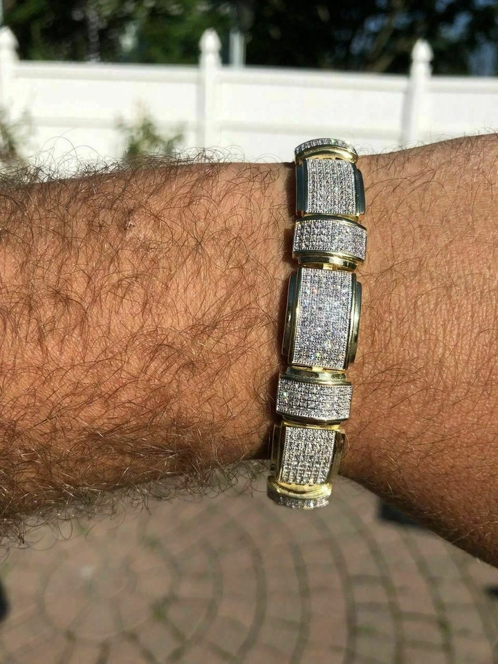Pulsera personalizada para hombre enchapada en oro amarillo de 14k plata maciza 925 diamantes simulados Foto 2 de 4